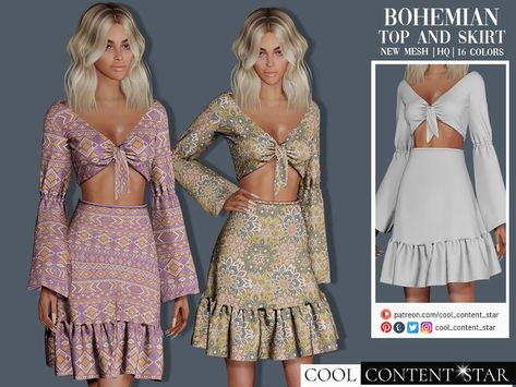 Sims 4 Bohemian set. Tied top and skirt. Sims 4 Bohemian, 70 Outfits, Sims 4 Black Hair, Sims 4 Cas Mods, Cottagecore Clothes, Free Sims 4, Tumblr Sims 4, Sims 4 Cc Folder, Sims 4 Gameplay