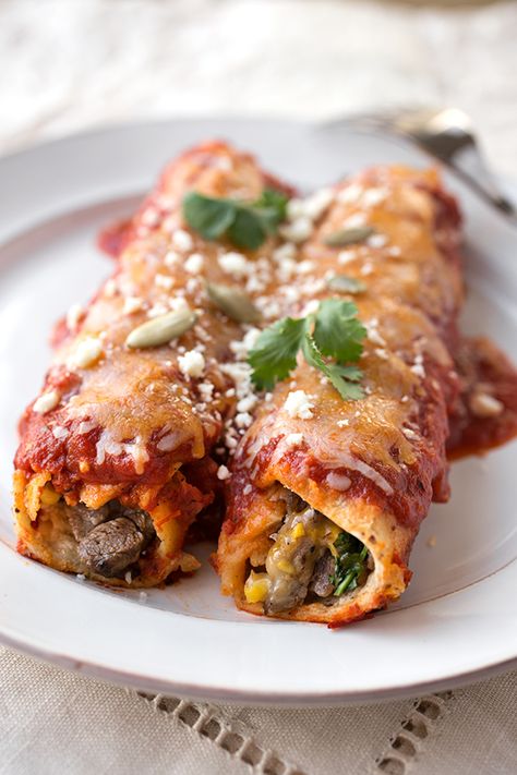 Flank Steak & Four Cheese Enchiladas with Sweet Corn, topped with Homemade Smoky Chipotle Enchilada Sauce Steak Enchilada Casserole, Steak Enchiladas Recipe, Chipotle Enchilada Sauce, Steak Enchiladas, Texmex Recipes, Homemade Chipotle, Enchilada Ingredients, Latin Recipes, Cheese Enchiladas