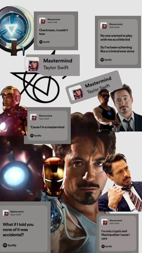 TONY STARK IS “MASTERMIND”. MATCHING MARVEL CHARACTERS TO TAYLOR SWIFT SONGS. comment who i should do next! Marvel Taylor Swift, Taylor Swift Songs, Tony Stark, Marvel Characters, Taylor Swift, Swift, Marvel, Songs