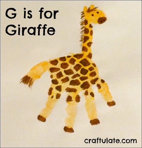 G is for Giraffe. This giraffe was made with a yellow-orange handprint, then neck and head added. After the paint had dried I added brown spots, mane, and eyes. Animal Handprints, Letter G Crafts, Giraffe Crafts, Abc Crafts, Abc Art, Footprint Crafts, K Crafts, Alphabet Crafts, Daycare Activities