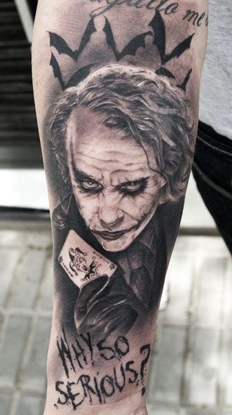 The Joker Tattoo, Why So Serious Tattoo, Joker Tattoos, Joker Tattoo Design, Knight Tattoo, Joker Heath, Batman Tattoo, Clown Tattoo, Movie Tattoo