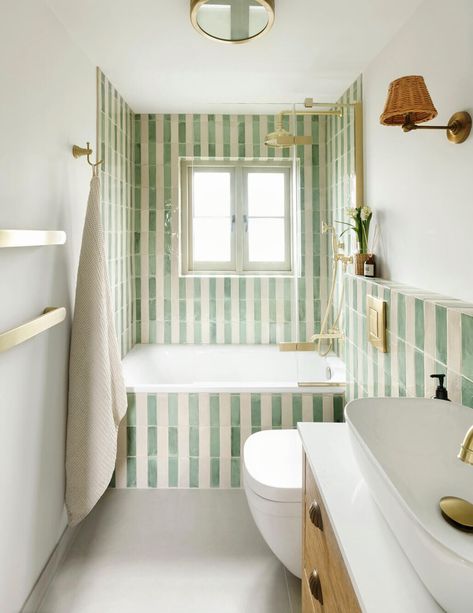 Eclectic Bathroom, Cottage Bathroom, Upstairs Bathrooms, Green Bathroom, Striped Wallpaper, Bathroom Renos, House Bathroom, Dream House Decor, Beautiful Bathrooms