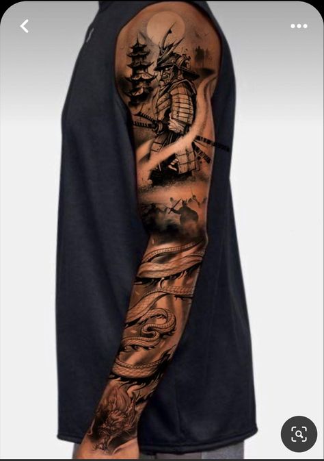 Samurai Tattoo Outer Forearm, Dragon And Samurai Tattoo Sleeve, Fantasy Full Sleeve Tattoo, Japan Samurai Tattoo Warriors, Japanese Spine Tattoo For Men, Japan Tattoo Arm Men, Samari Tattoos Men, Japanese Tattoos For Men Arm, Samurai Tattoo Sleeve Men