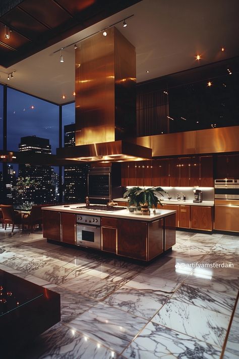 Luxury Nyc Apartment Kitchen, Kitchen Mansion Luxury, Beautiful Large Homes, Penthouse Apartment Aesthetic Bathroom, Kitchen Aesthetic Night, Modern Big Kitchen, Nyc Penthouse Kitchen, 90s Penthouse, Fancy Apartment Aesthetic