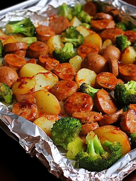 Effortless One Pan Smoky BBQ Sausage and Roasted Veggies Bbq Smoked Sausage, Bbq Sausage, Sweet Baby Rays Bbq Sauce, Golden Potatoes, Smoked Sausage Recipes, Roasted Baby Potatoes, Kielbasa Sausage, Sausage Potatoes, Pan Dinners