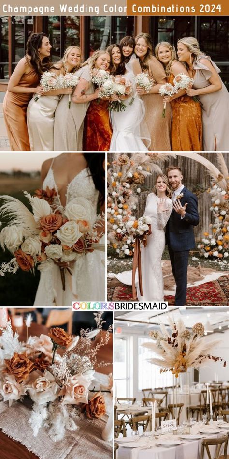 Orange And Champagne Wedding, Copper Wedding Dress, Elegant Champagne Wedding, Copper Bridesmaid, Orange Wedding Color Palette, Copper Bridesmaid Dresses, Orange Wedding Bouquet, Champagne Wedding Colors, Burnt Orange Bridesmaid Dresses