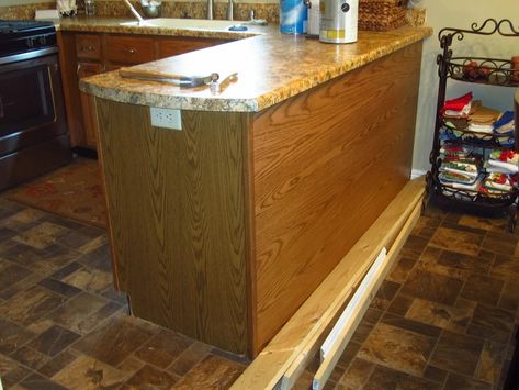 Diy Kitchen Peninsula, Kitchen Island Trim, Kitchen Island Makeover, Bloomington Illinois, Unique Kitchen Design, Kitchen Peninsula, Fake Wood, Kitchen Island Plans, Kitchen Island With Seating