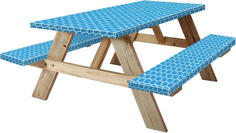 This Moroccan-look print in vibrant blue will set your campsite apart from the others!  Cover is 6 feet long, so it covers most standard picnic tables.  Love that it comes in a bunch of colors, too!  Grabbing mine for this camping season! Garden Bench Table, Vinyl Table Covers, Camping Picnic Table, Picnic Table Covers, Picnic Table Bench, Fitted Table Cover, Indoor Outdoor Patio, Picnic Tablecloth, Fitted Tablecloths