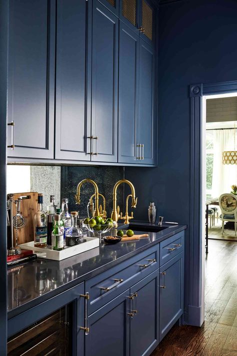 Looking for the Perfect Dark Blue Paint Color? Look No Further Than These Top Picks Dark Blue Paint Color, Kitchenette Design, Brass Mesh, Dark Blue Paint, Butler’s Pantry, Beverage Fridge, Perfect Dark, Room Blue, Man Of The House