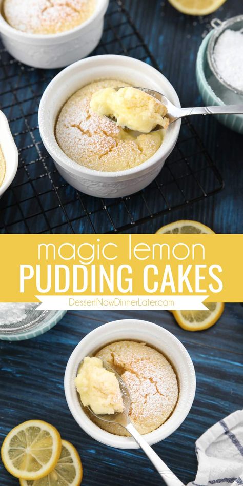 Lemon pudding cakes are easy to make from scratch. This magic cake bakes into two layers from the same batter. Creamy pudding, underneath a layer of fluffy, moist cake. Lemon lovers will crave this warm and tangy cake. Individual Lemon Cakes, Baked Lemon Pudding, Ramekin Desserts, Lemon Pudding Recipes, Baking Deserts, Easy Desert, Sweet Deserts, Pudding Cakes, Batch Baking