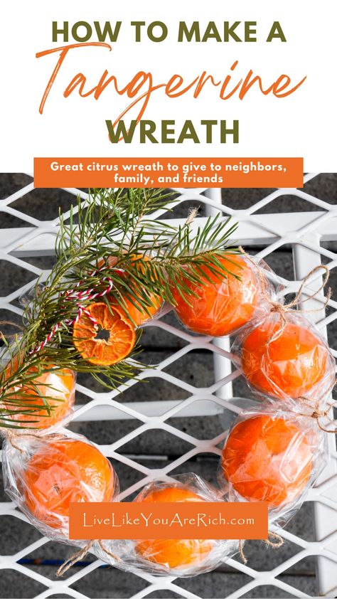 How to Make a Tangerine Wreath - Live Like You Are Rich Orange Wreath Diy, Tangerine Tree, Fruit Wreath, Oranges Gift, Christmas Neighbor, Orange Wreath, Orange Christmas, Orange Fruit, Homemade Christmas Gifts