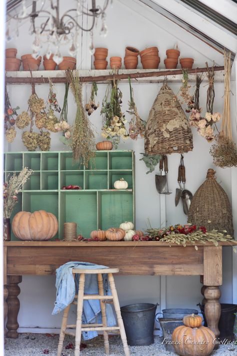 Peek Inside our Potting Shed & a vintage inspired table - French Country Cottage Potting Bench Ideas, Garden Shed Interiors, Bee Skeps, Potting Benches, Shed Interior, Potting Table, Bee Skep, Vintage Bee, English Cottage Garden