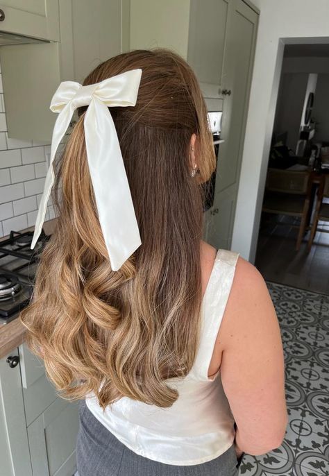 Bachelorette Hairstyles Half Up, Party Guest Hairstyles, Wedding Hairstyles Half Up Half Down With Bangs, Formal Hairstyles With Bow, Engagement Party Hair, Low Half Up Half Down With Bow, White Bow Hairstyle Wedding, Wedding Hair Ponytail With Bow, Bridal Ponytail With Bow