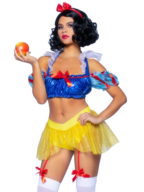 Give that evil queen something to really be jealous of in the 3 piece Bad Apple Snow White costume by Leg Avenue. The iconic princess costume features a character styled crop top with shimmer halter bandeau, cheeky panty with glitter skirt and attached garters, and a bow headband. Pair your storybook character costume with thigh highs and a wig to take this cosplay costume look to the next level. (Poisoned apple not included) Package Includes: crop top, panty, headband Fit & Style: You’ll look l Apple Snow White, Apple Snow, Storybook Character Costumes, Snow White Costume, Princess Halloween Costume, Glitters Skirt, White Costume, White Costumes, Snow Princess