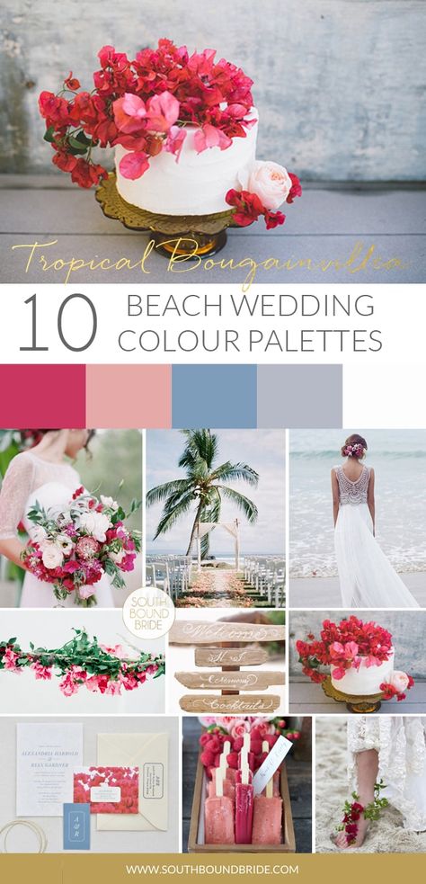 Tropical Color Scheme Wedding, Best Beach Wedding Colors, Beachy Wedding Cake, Beach Wedding Colour Scheme, Tropical Beach Wedding Color Palette, Tropical Wedding Colors Palette, Colour Palettes Wedding, Beach Wedding Palette, Bougainvillea Beach