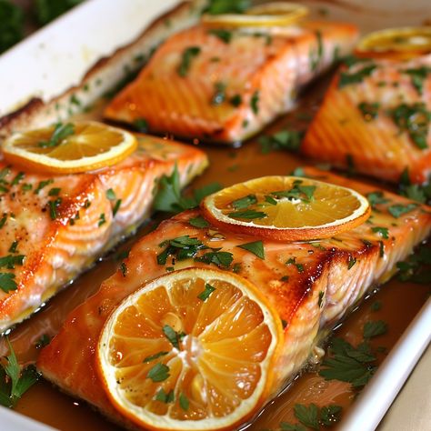 🍋 Delight in our Citrus-Glazed Salmon! 🐟✨ #CitrusSalmon #HealthyDelight Citrus-Glazed Salmon Delight Ingredients: Salmon fillets (4) Orange juice (1/4 cup) Lemon juice (1/4 cup) Honey (2 tbsp) Soy sauce (1 tbsp) Garlic, minced (2 cloves) Olive oil (2 tbsp) Salt and pepper to taste Fresh parsley, chopped (for garnish) Instructions: Preheat oven to 375°F (190°C). In a bowl, mix orange juice, lemon juice, honey, soy sauce, garlic, olive oil, salt, and pepper. Place salmon fillets on a baking... Salmon Bake, Continental Cuisine, Citrus Glaze, Soy Sauce Garlic, Gourmet Food Plating, Instagram Recipes, Twisted Recipes, Honey Soy, Garlic Olive Oil