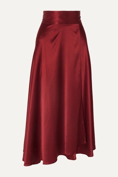 Bridesmaid Dresses Ideas, Red Long Skirt, Wrap Midi Skirt, Wrap Around Skirt, Sequence Work, Dresses Ideas, Red Skirts, Satin Skirt, Sergio Rossi