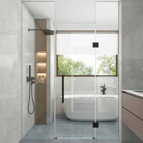 Frameless to Ceiling Bathroom Screen, Swing Tempered Glass Shower Door Bathroom Screen, Bathroom Sliding Door, Ceiling Bathroom, Shower Door Hardware, Glass Shower Door, Window In Shower, Glass Hinges, Bathroom Ceiling, Door Opening