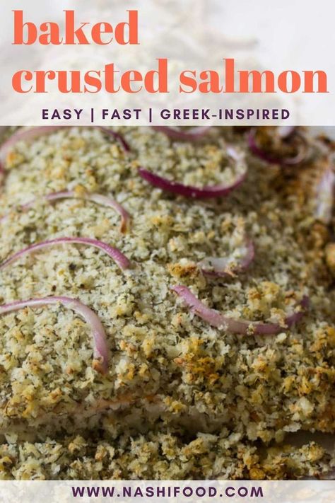 Greek cuisine-inspired, baked Mediterranean crusted salmon is coated with feta cheese, panko bread crumbs, and dried herbs. A perfect weeknight dinner that will only take 30 minutes to bake. Salmon Panko, Panko Crusted Salmon, Crusted Fish, Lower Carb Meals, Homemade Tzatziki Sauce, Meals Dinner, Oven Baked Recipes, Homemade Tzatziki, Greek Salad Pasta