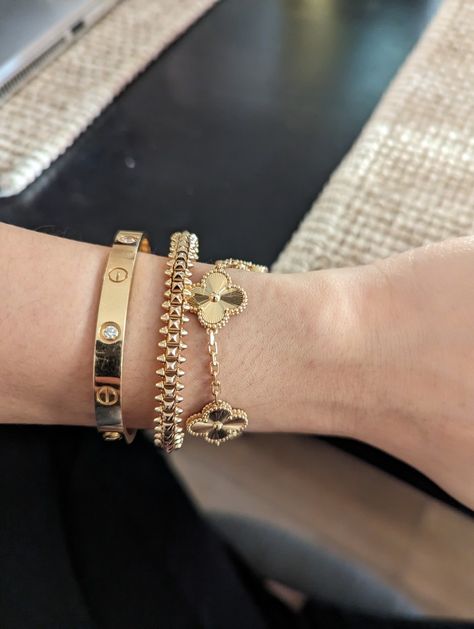 Clash De Cartier Bracelet Stack, Van Clef Bracelet Stack, Vca Bracelet, Bracelets Stack, Cartier Love Ring, Stack Bracelet, Purse Essentials, Wrist Jewelry, Luxe Jewelry