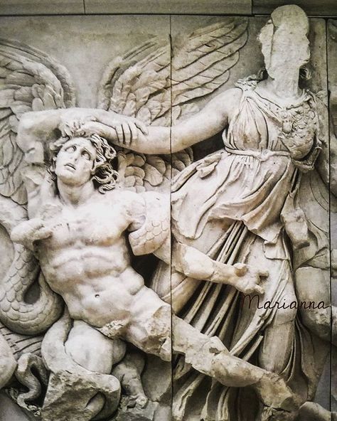 Athena separates Alkyoneus from his mother Gaia. From the altar of Pergamon- eastern frieze, detail. #frieze #parthenon #propilaia… Inspire Photography, Parthenon Frieze, Mother Gaia, Body Reference Poses, Body Reference, Reference Poses, Ancient Times, 3d Art, Greek Statue