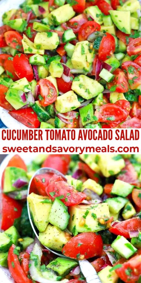 Cucumber Tomato Avocado Salad is packed with fresh herbs and veggies including creamy avocado, crisp cucumber, tomatoes, and lemon juice. Cucumber Tomato Avocado Salad, Tomato Avocado Salad, Cucumber Avocado Salad, Avocado Tomato Salad, Tomato Avocado, Cream Interior, Avocado Salad Recipes, Cucumber Avocado, Cucumber Tomato Salad