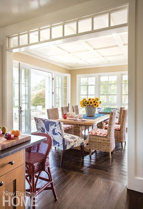 Colonial Sunroom, Indoor Outdoor Dining Room, Palace Dining Room, New England Interiors, Cape Cod House Interior, Sunroom Dining Room, Hydrangea House, Cozy Coastal Cottage, Cottage Ranch