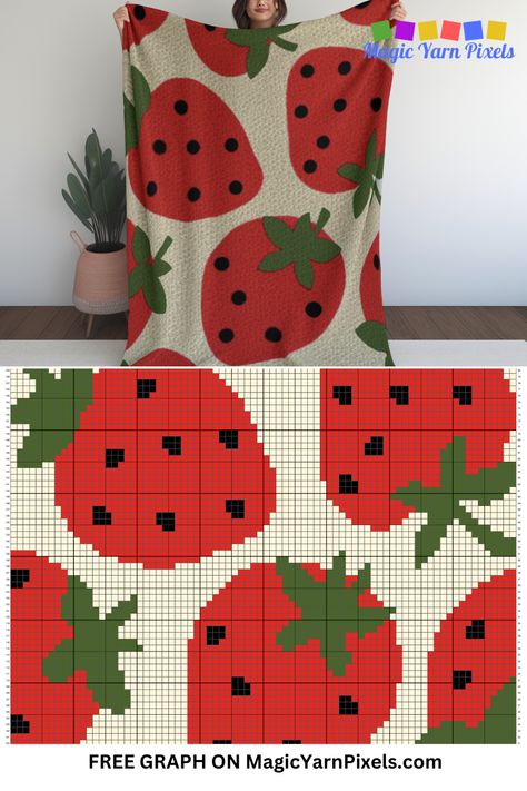 Are you looking for a fun crochet project? Check out my free graph for a Crochet Strawberry Blanket, perfect for adding a summer feel to any room. Use this free crochet graph with different size yarns and hooks to crochet a variety of items. From double bed throws, to baby blankets, wall hangings, rugs, and pillowcases, you can make them all with this graph. Pixel Crochet Blanket Pattern, Graphs For Crochet, Crochet Strawberry Blanket, Crochet Tapestry Blanket, Crochet Rug Free Pattern, Crochet Blanket Graph, C2c Graphgan Charts Free, Crochet Pixel Blanket, Summer Crochet Blanket