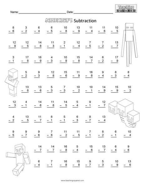 Babysitting Worksheets, Free Minecraft Printables, Minecraft Worksheets, Minecraft Printables Free, Minecraft Activities, Math Subtraction Worksheets, Math Worksheets For Kids, Minecraft Stickers, Minecraft School