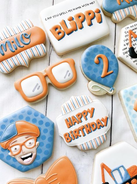 Blippi Birthday Cookies, Blippi Cookies Decorated, Blippi Cookies, Blippi Party, 7th Birthday Party Ideas, Thomas Birthday, Sugar Cookie Designs, Superhero Party, Third Birthday