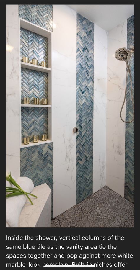 Simple Beach Bathroom, Trending Bathroom Tile Ideas, Costal Farmhouse, Blue Shower Tile, Bathroom Ideas Decor, Trendy Bathroom Tiles, Bilik Air, Bathroom Installation, Master Shower