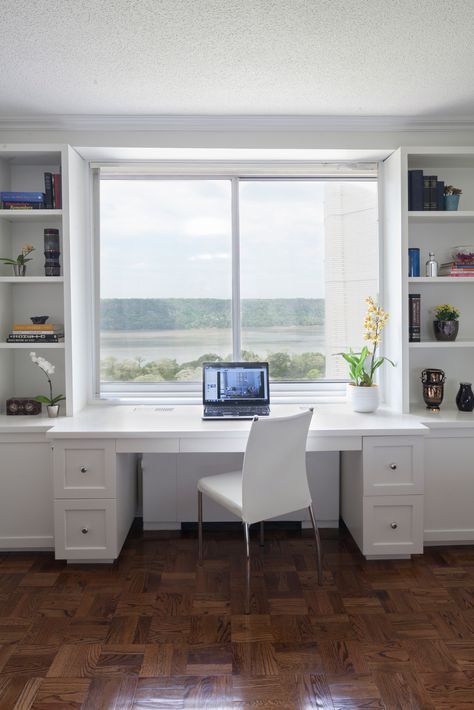 An ideal space to get work done, very calming with the all white color palette and natural light coming from the window. Study Table Near Window Bedroom, Office With Window Behind Desk, Window Study Table Ideas, Study Table In Front Of Window, Study Table Near Window, Desk At Window, Window Desk Ideas, Home Office With Window, Desk Against Window