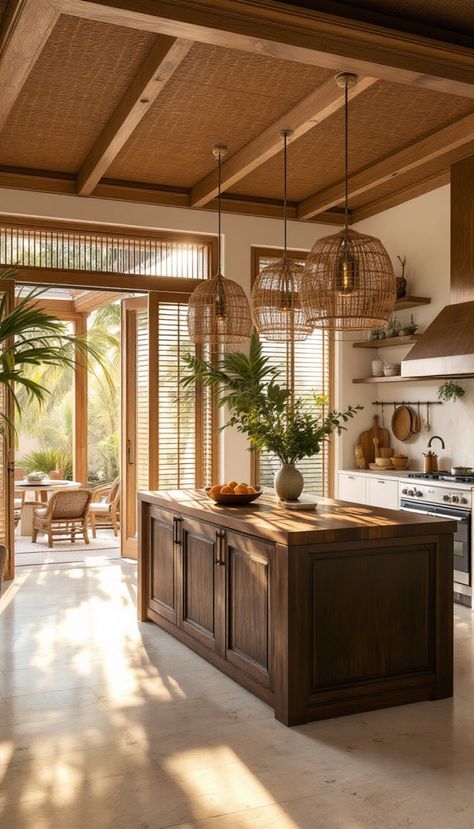 Transport yourself to paradise with this Bali-inspired kitchen, complete with a teakwood island and a backdrop of lush greenery. Captured in the stunning golden hour light, the space is illuminated by expansive picture windows and elegant rattan pendants. Designed for the ultimate Pinterest showcase, this kitchen is a dream realized. Caribbean House Interior, Island Home Aesthetic, Bali Style Kitchen, West Indies Style Kitchen, West Indies Kitchen, Island Home Interior, Modern Tropical Kitchen, British Colonial Kitchen, Hawaiian Kitchen