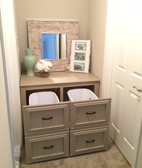 Flipper Door, Bedroom Dresser Organization, Laundry Inspiration, Laundry Basket Dresser, Lake Cottages, Master Remodel, Diy Laundry Basket, Landing Ideas, Laundry System