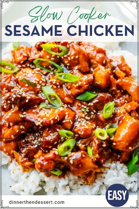 Slow Cooker Sesame Chicken is an easy recipe for Asian takeout. Chicken in a sweet and savory sauce with honey, sesame oil, and soy sauce. If you love this dish, make sure to try Slow Cooker Mongolian Chicken too! Slow Cooker Sesame Chicken, Sesame Chicken Slow Cooker, Sesame Chicken Crockpot, Thai Chicken Recipes, Mongolian Chicken, Slow Cooker Thai Chicken, Slow Cooker Asian, Honey Sesame Chicken, Sesame Chicken Recipe