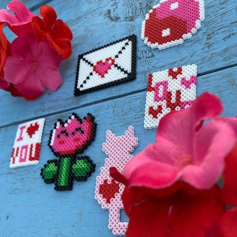 Valentines Fuse Beads, Melty Bead Valentines, Perler Beads Ideas Valentines Day, Valentines Day Pixel Art, Valentine Pixel Art, Valentine’s Day Perler Beads, Valentines Perler Bead Patterns, Valentines Day Perler Bead Patterns, Valentines Perler Beads