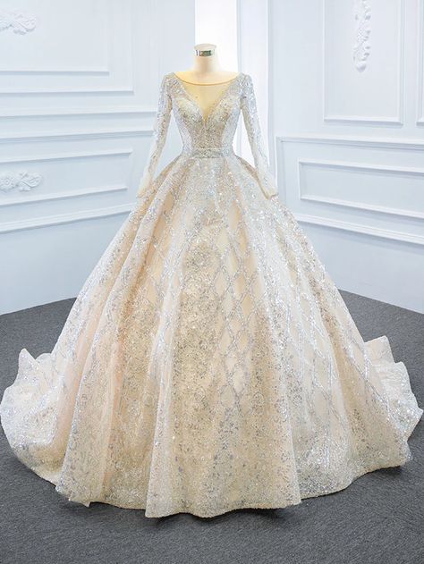 Sparkly Wedding Gowns, Champagne Ball Gown, Ballgown Dresses, Classic Ball Gowns, Prom Tips, 2024 Wedding Dress, Arabic Wedding Dresses, Long Sleeves Wedding Dress, Modern Mermaid