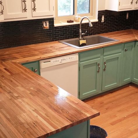 Red Wood Kitchen, Seafoam Cabinets, Wood Kitchen Countertops, Concrete Countertop Sealer, Hardwood Countertops, Build Kitchen Island, Custom Sinks, Butcher Block Kitchen, Butcher Block Top