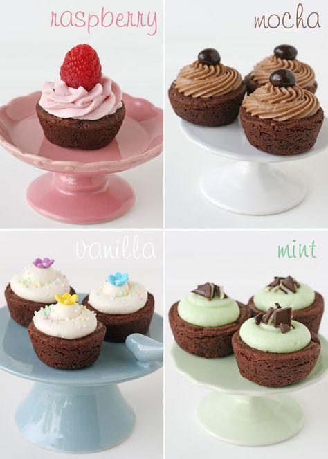 Delicious Homemade Frostings, perfect to dress up store bought brownie bites!! - GloriousTreats.com Brownie Bites With Frosting, Mini Brownie Bites, Frost Cupcakes, Brownie Bites Recipe, Impressive Dessert, Homemade Buttercream, Chocolate Covered Coffee Beans, Homemade Buttercream Frosting, Mini Brownies