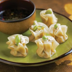 Tofu Shumai with Sesame Soy Dipping Sauce Recipe | Asian | Hannaford Shumai Recipe, Vegetarian Dumplings, Soy Dipping Sauce, Vegetarian Dumpling, Wonton Wraps, Dim Sum Dumplings, Vegetarian Day, Rice Cooker Steamer, Bamboo Steamer