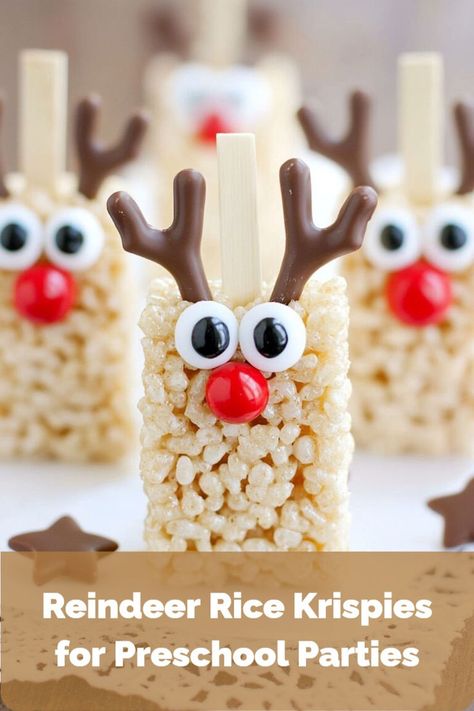 Fun and festive Rice Krispie treats decorated as reindeer, great for children's Christmas party food at school. Preschool Christmas Party Food, Christmas Party Snacks For Kids, Christmas Party Food For Kids, Party Snacks For Kids, Healthy Christmas Party Food, Preschool Treats, Christmas Rice Krispies, Preschool Christmas Party, Krispie Treats Christmas