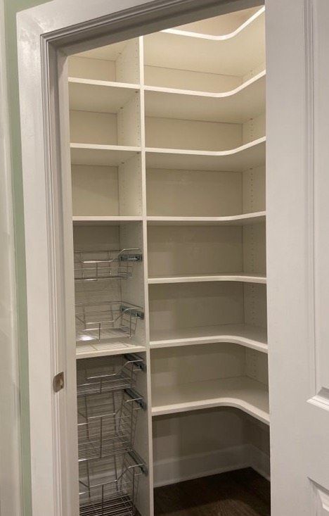 My Custom Closet Tredyffrin Township Project 1 Pantry With Baskets, Utility Room Cabinets, Pantry With Countertop, Lazy Susan Pantry, Diy Closet System, Room Organizers, Pantry Renovation, Pantry Closet Design, Diy Custom Closet