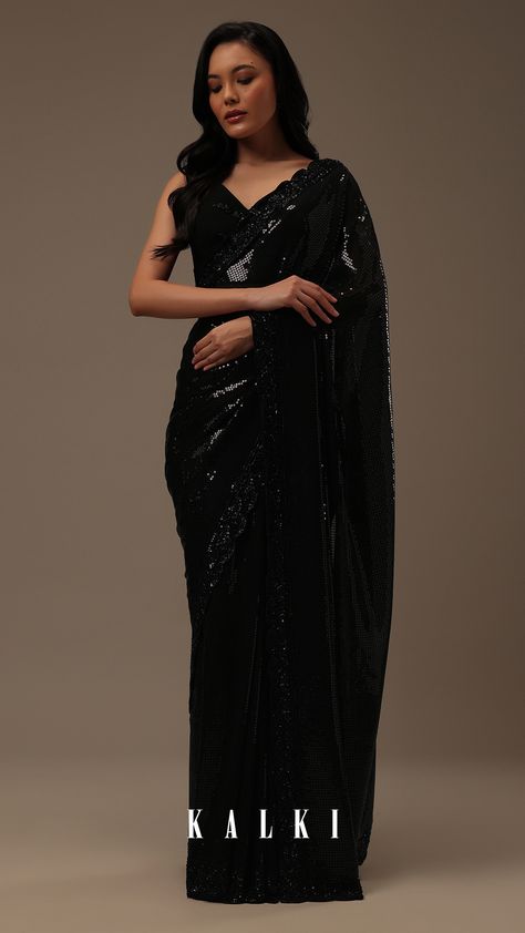 "Introducing our captivating black sequins saree, a celebration of elegance and shimmer. This saree features a mesmerizing all-over adornment of sequins that adds a touch of sparkle to your ensemble. EVENT - Perfect for evening parties. The saree comes with a matching unstitched blouse." Black Sequin Saree, Festive Saree, Sequins Saree, Pleated Saree, Embroidery Saree, Designer Saree, Sequins Embroidery, Black Sequins, Evening Party