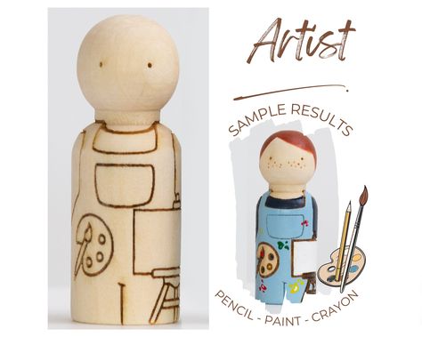 Wooden Peg Doll Ideas, How To Paint Peg Dolls, Eyfs Small World, Peg Dolls Painting, Diy Peg Dolls, Painted Wooden Peg People, Artist Costume, Clothespin Peoplepeg Dolls Poppims, Peg Doll Painting Tips