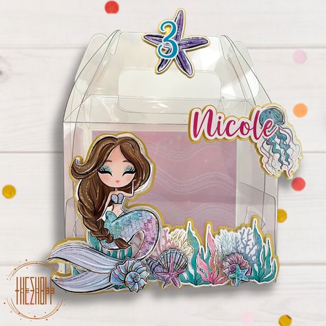 Clear Box Party Favor, Mermaid Gable Boxes, Mermaid Party Boxes, Clear Gable Box Ideas, Mermaid Favors Ideas, Birthday Pool Party Decorations, Mermaid Favor Boxes, Mermaid Party Decor, Mermaid Favor