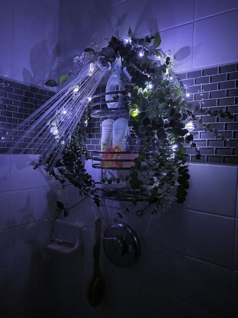 Gothic Shower Ideas, Eucalyptus Bathroom Theme, Fairy Garden Bathroom Ideas, Cool Shower Heads, Eucalyptus In Shower Bathroom, Shower Vibes Aesthetic, Fairy Bathroom Ideas, Jungle Theme Bathroom, Eucalyptus Bathroom Decor