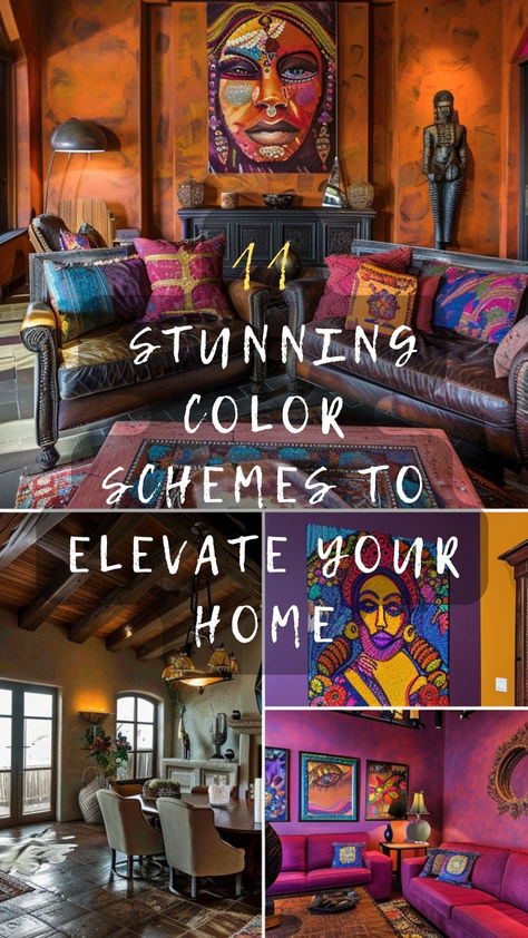 Can't decide on a color scheme? 🌈🖌️ Click for 11 perfect color palettes that will bring your home's interior to life. #PerfectPalette #HomeColors #InteriorPalette #DecorIdeas #ColorInspiration Apartment Themes Color Palettes, City Loft Complimentary Colors, Colorful Home Color Palette, Boho Color Schemes For The Home, Eclectic Home Color Palette, Colorful House Aesthetic, Boho Living Room Paint Color Ideas, Artist House Interior, Happy Paint Colors