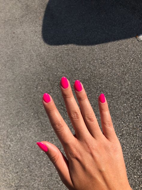 Hot Pink Nails Acrylic Almond, Hot Pink Nails Inspiration, Oval Nails Bright Colors, Solid Color Pink Nails, Bright Pink Acrylic Nails Almond, Hot Pink Round Acrylic Nails, Gel Hot Pink Nails, Hot Pink Nails Round, Bright Hot Pink Nails