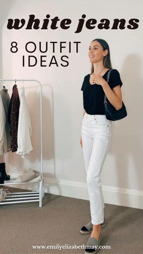 girl wearing white jeans and black tshirt White Jean Outfits, Style White Jeans, Denim Jeans Outfit, White Jeans Outfit, Outfit Formulas, White Denim Jeans, White Denim, Jean Outfits, Wardrobe Staples