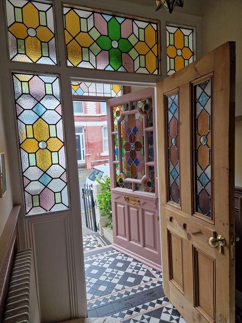 Our Old House | Turned old 4 panel door into a 2 panel stained glass door Stained Glass Door Panel, Old Stained Glass Windows, 4 Panel Door, Stained Glass Door, Panel Door, Old Door, Door Panel, Stained Glass Windows, Panel Doors